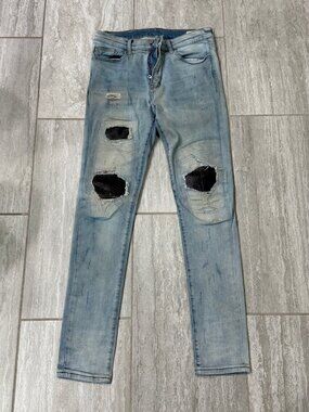 MNML Light Wash Skinny Jeans Men's 32 Leather Knee Panels